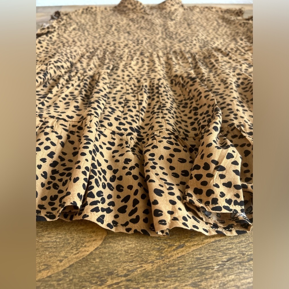 TAN & BLACK Leopard Print Tiered Babydoll Ruffle Cap Sleeves Boho Peplum Blouse - Picture 11 of 14